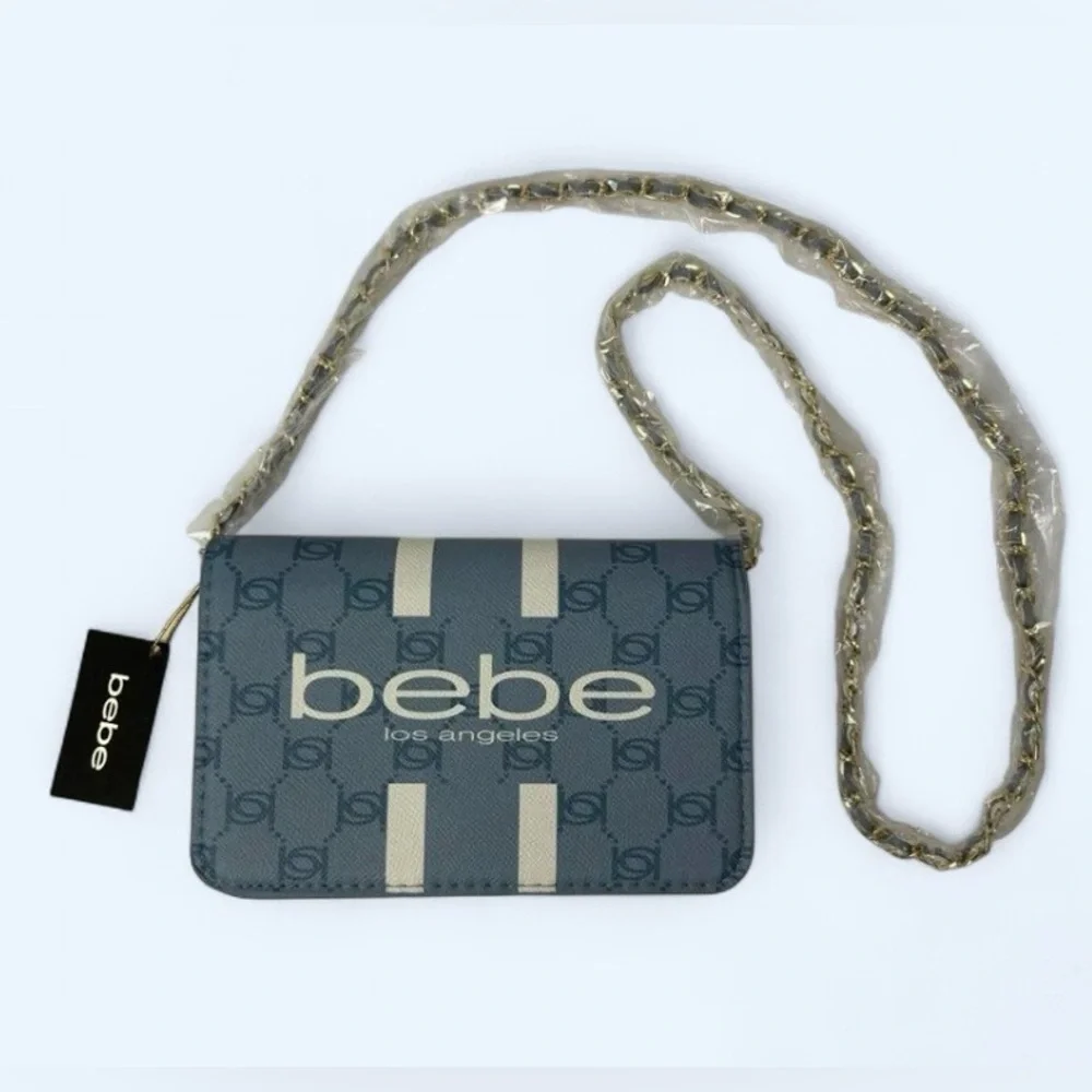 Bebe NWT Paisley Flap Crossbody Denim Blue Logo Bag Gold Chain Strap - Picture 4 of 9